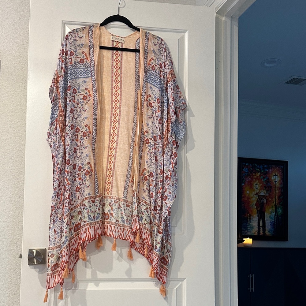 Lucky Brand One Size Bohemian Floral Tassel Open Kimono - Peach & Blue